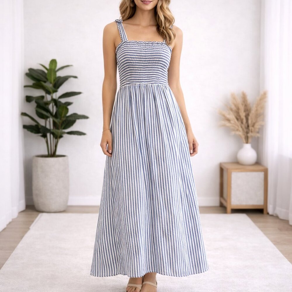 Black Tape Smocked Stripe Maxi Dress Blue White Sleeveless Size Small